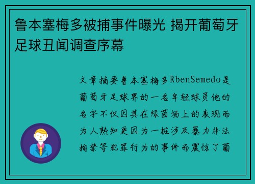 鲁本塞梅多被捕事件曝光 揭开葡萄牙足球丑闻调查序幕 鲁本塞梅多被捕事件曝光 揭开葡萄牙足球丑闻调查序幕