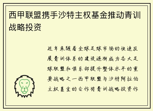 西甲联盟携手沙特主权基金推动青训战略投资 西甲联盟携手沙特主权基金推动青训战略投资