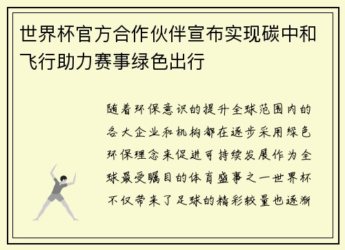 世界杯官方合作伙伴宣布实现碳中和飞行助力赛事绿色出行