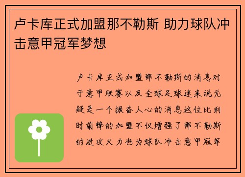 卢卡库正式加盟那不勒斯 助力球队冲击意甲冠军梦想 卢卡库正式加盟那不勒斯 助力球队冲击意甲冠军梦想